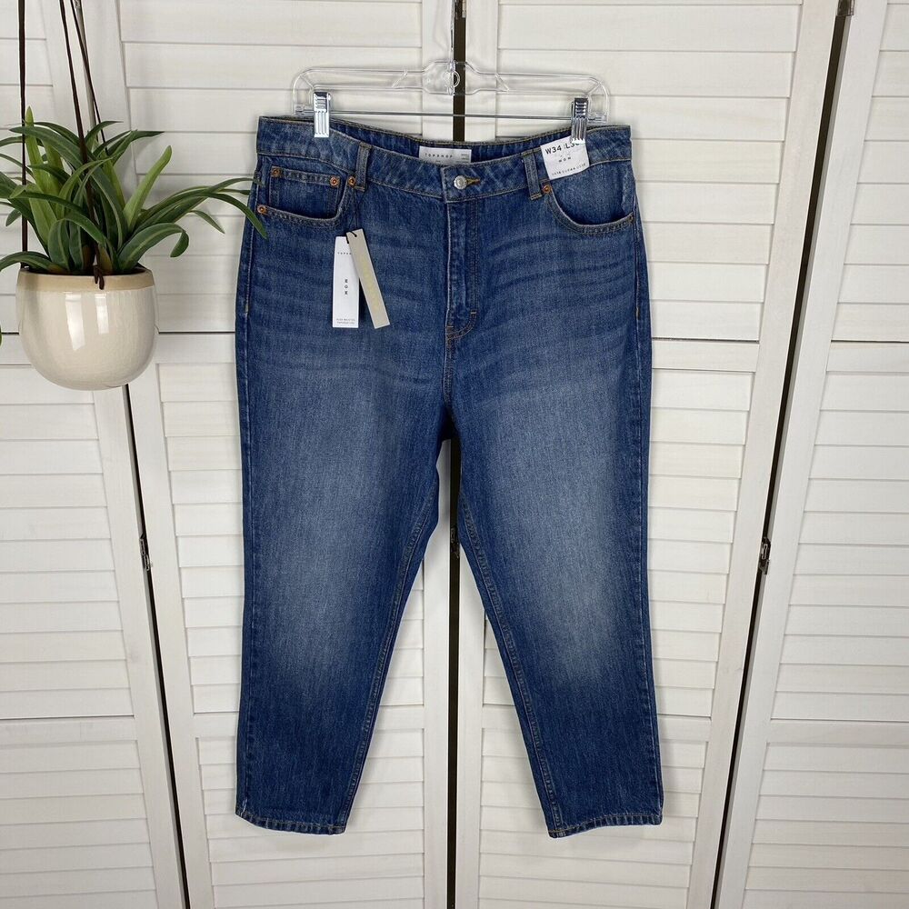 New Topshop Mom Jeans High Waisted Tapered Leg‎ Medium Wash Blue Size 34 US 12